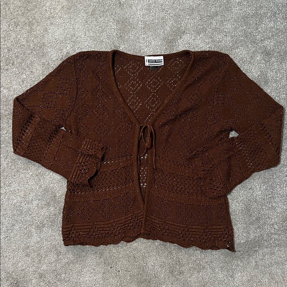 Vintage Carly Blake Brown Metallic Knit Cardigan Tie Front size 1X